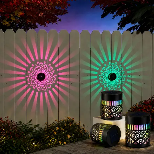 Seven-Color Changing Solar Mandala Projection Wall Light Decorative Solar Mandala Lights Outdoor Waterproof Metal Fence Lights for Yard Garden Post Patio Backyard Decor (2pcs)