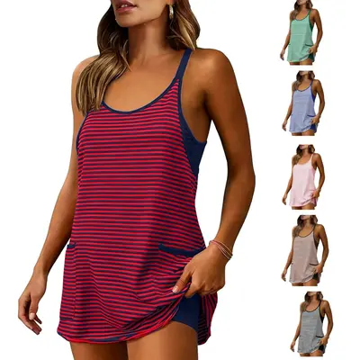 Striped Sleeveless Athletic mini dress for Women, V Neck sundress with Built-in shorts and Pockets, Lightweight Tennis Workout summer dress for Vacation, Beach and Casual Wear