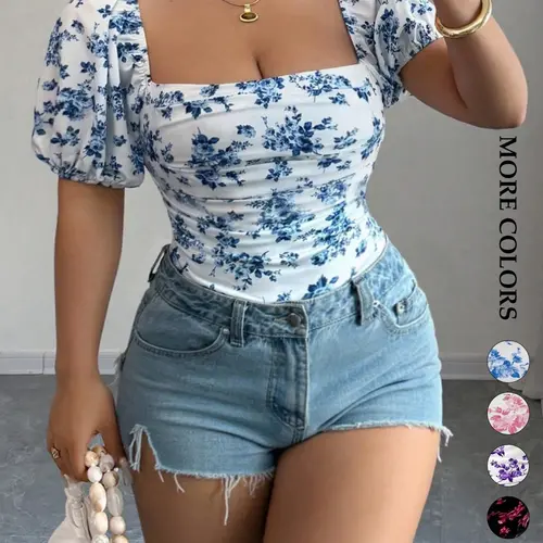 Women's Plus Size Ruched Top Bodycon Fitted Top Floral Print Square Neck Puff Sleeve Slim Fit T-Shirts Blouse Feminine Casual Summer Coquette Romantic Outfits Trendy Soft Summer Top
