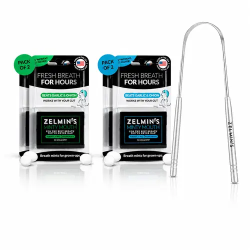 Zelmin's Minty Mouth | Fresh Breath Kit / Spearmint 2-Pack+ Peppermint 2-Pack + Tongue Scraper / Crisp & Refreshing Breath Freshener Capsules / Two-Handle Design   Stainless Steel  Tongue Scraper
