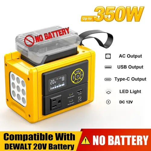 Ecarke 350W Power Inverter Compatible with DeWALT 20V Battery,【Battery NOT Included】, DC to AC 110V Power Station: 2x70W USB-C Fast Charger, AC, USB-A, 12V DC, 800lm LED & Display – Camping, Job Site, Emergency