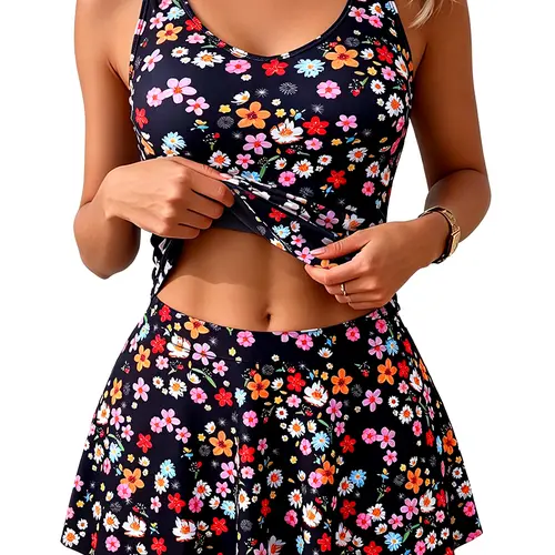 B2PRITY Women's 2-Piece V-Neck Skirted Tankini Swimsuit, High-Waist Shorts for Tummy Control, Stretch Pro-Skin Soft Fabric, Slimming Modest Fit, Custom-Fit Women's Tankinis Set for Poolside, Beach Swim, Diving Into the Ocean