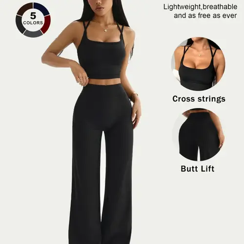 Two-Piece Lightweight Activewear Set, Sleeveless Crop Top & High-Waisted Straight Leg Pants, Comfortable Breathable Fabric, Ideal for Sports & Leisure, Sportswear Set