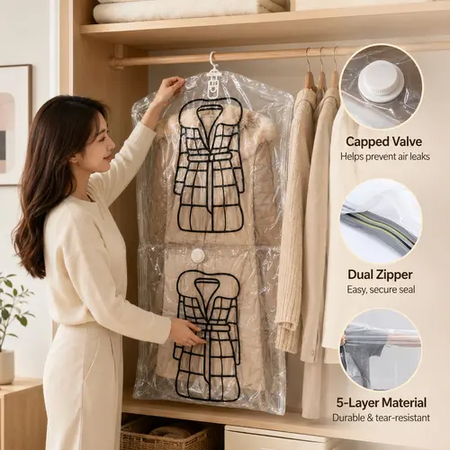 Hanging Vacuum Storage Dustproof Dust Covers - Space Saver Bags, Clear Vacuum Sealer Bags, Coat & Down Jacket Organizer, Space-Saving, Moisture-Proof, Transparent, Ideal for Seasonal Clothing Closet Organization