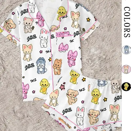 Women's K-Pop Style Kawaii Animal Print Pajamas, 2-Piece Short Sleeve Sleep Set, Lounge Pjs Set, Cute Cartoon Sleepwear Loungewear, Loungewear Outfit, Perfect Summer Gift