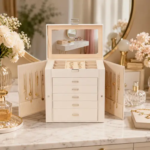 BOOVO Jewelry Organizer Box Jewelry Box For women, 6 Layer Large Jewelry Organizer With Mirror, Multi-Function Storage Box With Lock, Accessory Holder With 5 Drawers, For Earrings Necklace Ring Bracelet(White)
