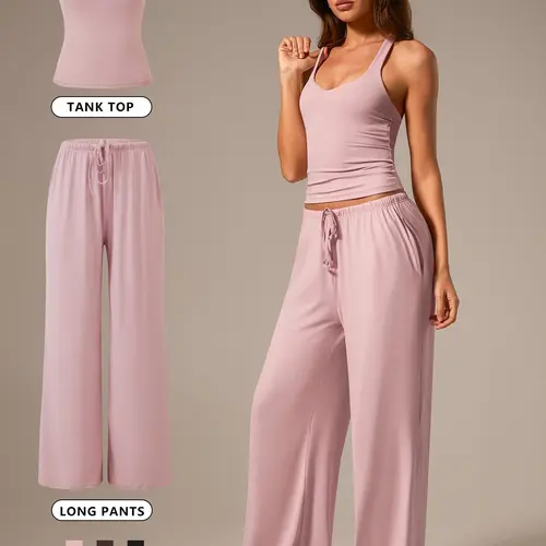 Women's Two-Piece Set, Back Strap Design, High Elasticity, Slim-Fitting, Sleeveless, Ankle Length, Comfortable, Casual Style, Fashion Sets
