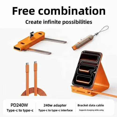240W SuperCharge 2-in-1 Detachable Type-C Cellphone Charging Cable, Zinc Alloy Silicone Electronic Cable with Rotating Invisible Stand, Single-Head Extend Mobile Charger for Apple Smartphones, Ideal for Gaming & Car Use (Phone Accessories)
