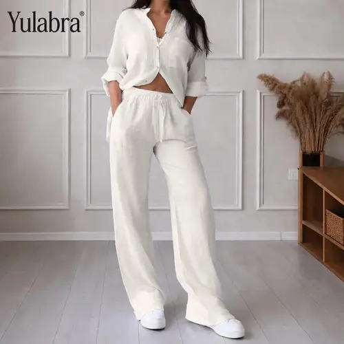 Yulabra Women’S Solid Color Lounge Set – Loose Cotton  Shirt & Pants lightweight translucent cotton fabric with a linen-like texture