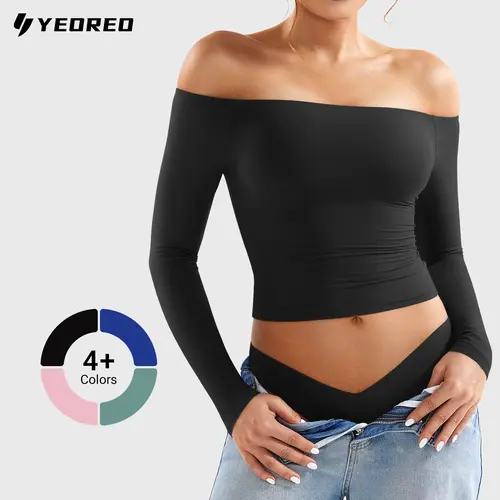 YEOREO Sophie Buttery Soft Off Shoulder Long Sleeve Shirt Double Lined Y2K Going Out Top Casual Cute Basic Womenswear summderfinds sohochic