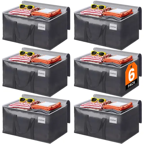 【New】6-Pack Grey Heavy Duty Collapsible Storage Bags - Bulk Pack Multipurpose Use, Storage/Moving Alternative, Visible Labels, Cross-Stitch Reinforced Handles, Space-Saving Home Essentials, Multipurpose Storage, Organizer Storage