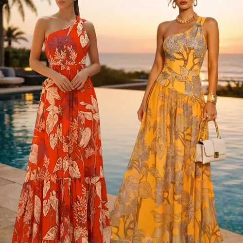 FLAXMAKER Women's One Shoulder Red and Yellow Plant Print One Piece Swimsuit and Matching Cover Skirt Set Swimdress Stylish Beachwear Bathing Suit Summer  Coverups vacation swimwear for women #Summerwins dealsforyoudays  swimweek summervibes pool beach ti