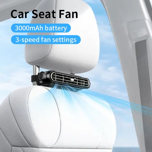Wireless Car Seat Fan - Dual Turbo Power, USB Rechargeable Portable Fan, Battery Operated, Car Interior Rear Pillow Mount, Independent Switch, Adjustable Air Outlet for On-the-Go Comfort, Battery Operated Fans