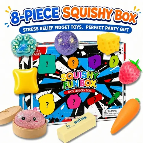 8-Piece Malt Sugar Stress Relief Squishies Fidget Set - Slow Return Sensory Bundle with Buns, Strawberries, Cheese, Carrots & Mixed Textures for Relaxation, Kids Toys Cool Gifts for Kids & Friends