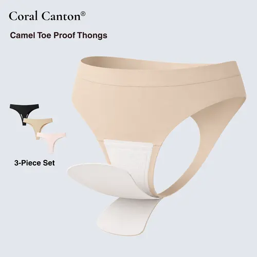 Coral Canton 3Pcs Camel Toe Proof Thong Panties Set