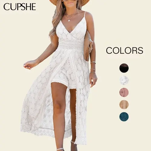 【Restocked】CUPSHE Women's Elegant Floral Print S V-Neck Maxi Jumpsuit, Fitted, Ruched Detail, Smocking, Thin Adjustable Straps, Nylon-Cotton Blend, Pull-On, Apricot Black Blue Options, Summer Finds, Women's Overalls#