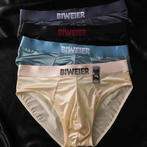 Biweier Men's Ice Silk Satin Triangle Underwear, Morandi Color, Lightweight Luxury, Breathable, Casual Breathable Underwear, Suitable for Home, Vacation, Daily Commute, Menswear