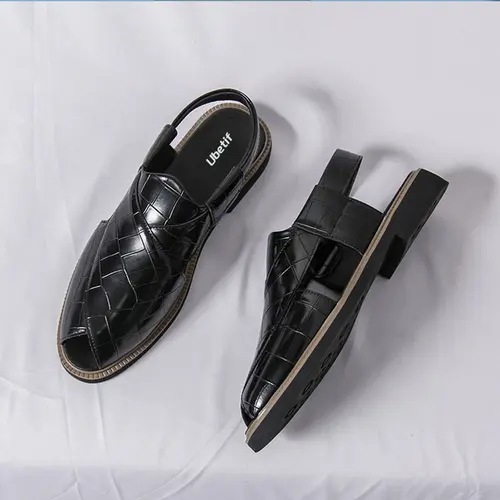 Men's Black Buckless Cross-Strap Open-Body Closed-Toe Sandals - Crocodile Embossed Leather Look Fisherman Walking Shoes, Breathable Lightweight Slip-On Slingback Loafers, Casual Outdoor Beach Vacation Footwear, Wardrobe Essentials