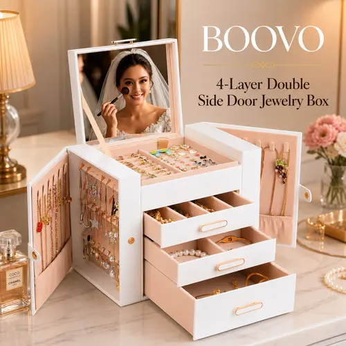 BOOVO Jewelry Boxes for Women, 4 Layer Jewelry Organizer with 2 Doors for Necklaces Hanging and 2 Closet for Earrings Hanging, Large Jewelry Box with Mirror Jewelry Case, Light Luxury Gift for Her（White）