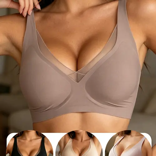 4-Pcs   Women's Jelly Wireless Lace Bralettes - Deep V-Neck, Multiway, Internal Push-Up Support, Buttery-Soft Ultra-Thin Breathable Seamless Everyday Lingerie Undergarment with Essential Fabric Lightweight Womenswear