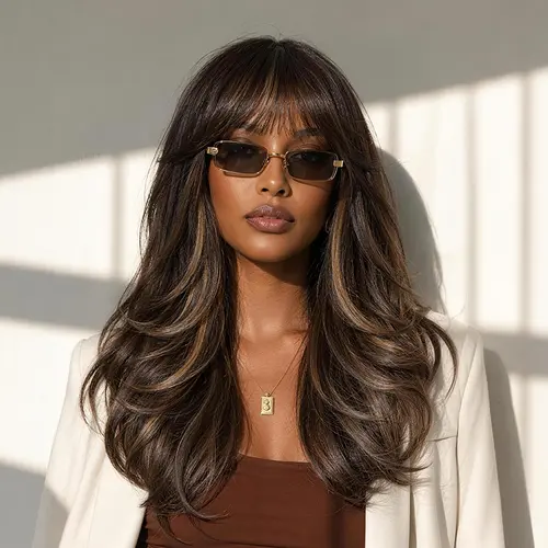 [New Arrival] Frodio Veralux™ Blend Human Hair Feathered Layers Wig with Bangs 20 Inches Brown Highlighted Wig | Wear & Go, Glueless, Soft Bangs, Face-Framing Layers Other#SohoChic
