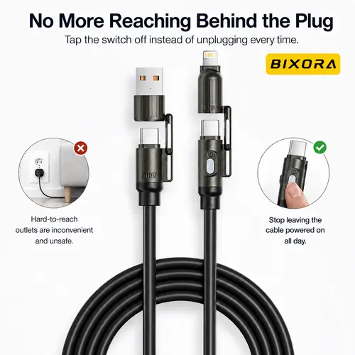 Basemo 4-in-1 Smart Charging Cable - 3m Length, 240W Speed, Bendable Cable, Fireproof Silicone TPE, Overcharge Protection, USB-C/USB-A/Lightning, for Phones, Tablets, Laptops, Durable Phone Accessories, Free Leather Pouch (Organizes Devices), Android