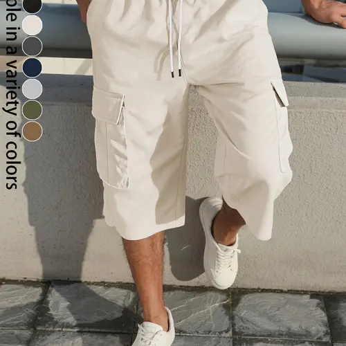 Men's H-Type Woven 3/4 Cargo Capri Shorts - Vintage Korean Retro Style, Lightweight Plain, Elastic Drawstring Waist, Multi-Compartment Pockets, Foldable for Summer Outdoor Hiking, Workwear, Party