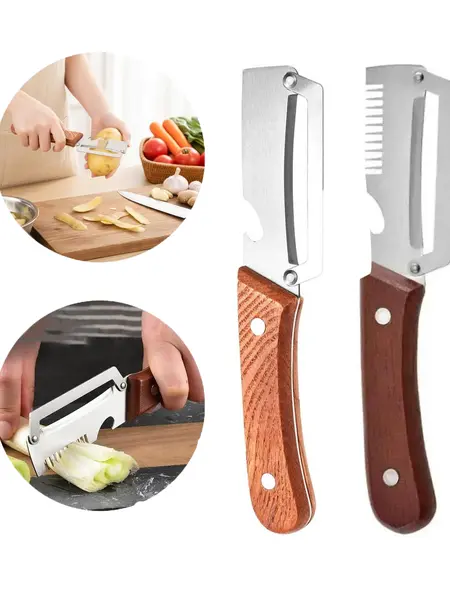 Premium-Grade Fruit & Vegetable Peeler | Sharp Stainless Steel Blade, Ergonomic Wooden Handle + Built-in Bottle Opener – Ideal for Daily Kitchen Use (Potatoes, Apples, Pumpkins & More)