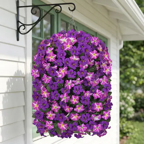 Ivydale HyeFlora Artificial Flowers with Basket for Outdoors, 3pcs Faux Hanging Morning Glory Silk Fake Flowers Lifelike Plants UV Resistant Flowers for Outside Planter Patio Garden Porch Decor (Purple red)