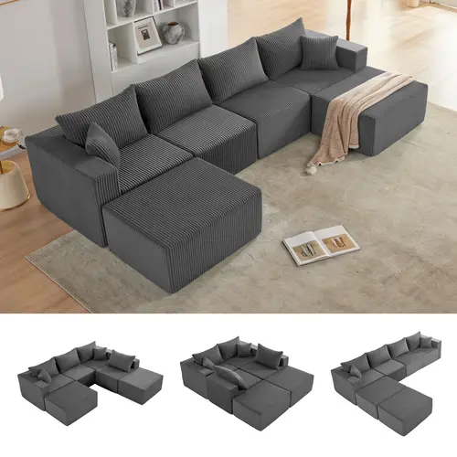 Weture 121''Modular Sectional Sofa with 2 Ottoman, Boneless couches for Living Room Furniture,Comfort U Shaped Sofa， Deep Seat Corner Couch，No Assembly Required（Gery，Corduroy）