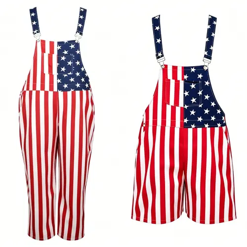 Red, White & Blue Star Stripe Overalls – Perfect for Independence Day, Memorial Day, National Holiday Celebrations, Parades, Parties, and Casual Vacation Wear