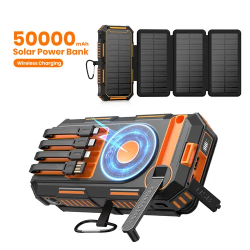 FEELLE Plastic Solar Power Bank - 50000mAh Wireless Portable Charger for Phones, Built-in 4 Cables & Hand Crank, PD QC 3.0 Fast Charging USB-C Mobile Accessories Battery Pack with Flashlight for Camping,back to school,back to school haul