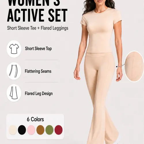 Women's Two-Piece Short Sleeve Top & Pockets High-waisted Yoga Pants Sport Set, Gym Yoga Outfits, Casual Athletic Matching Workout Set, Casual Activewear Set