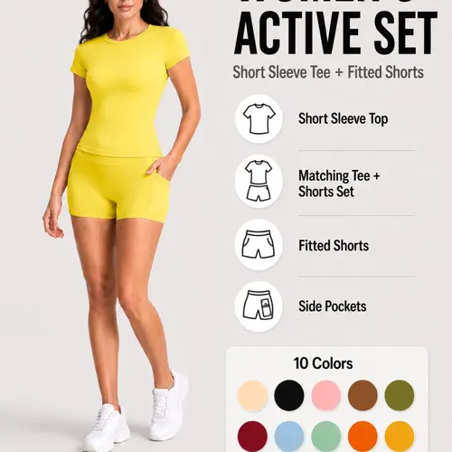 Women's Fitness Set, Matching Gym Set, Fitness Activewear, Casual Comfortable Sportswear, Slim Fit Short Sleeve Top, High Waist Water-Resistant Shorts, All Seasons