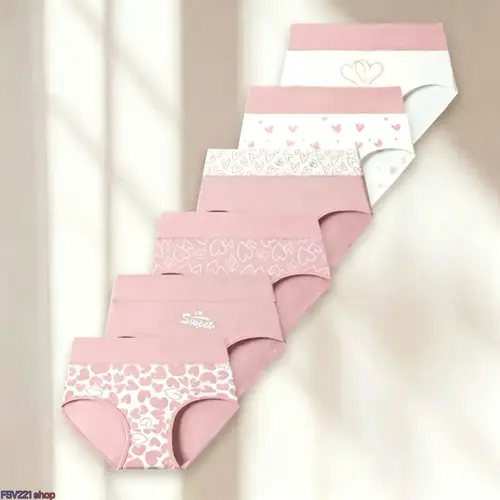Female 6-Pcs Soft Cotton Assorted Pink-Toned High-Waist Briefs, Tummy Control Comfy Casual Lingerie for Postpartum & Maternity