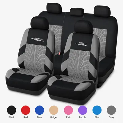 fabric car front Universal Car Seat Full Set Covers , Front and Rear Seat Covers for Cars SUV Trucks Vans, Airbag Compatible Automotive Seat Cover Set with Tire-Track Embossed Design, 4mm Foam Padding, Red and Black detail