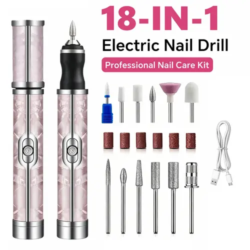 Compact Single Item 18-in-1 Cordless Electric Nail Drill - Nail File, 4 Adjustable Speeds, Low Noise, Smooth Care Tool for DIY Manicure, Pedicure at Home Polishing, 18 Grinding Heads