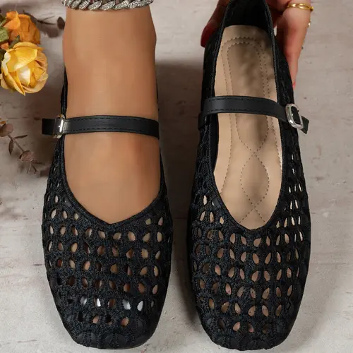 Women's Hollow Out Mary Jane Style Shoes, Flat and Comfortable Shoes for Daily Wear, Square Toe with Versatile Design, Elegant Textile Upper, Rubber Sole