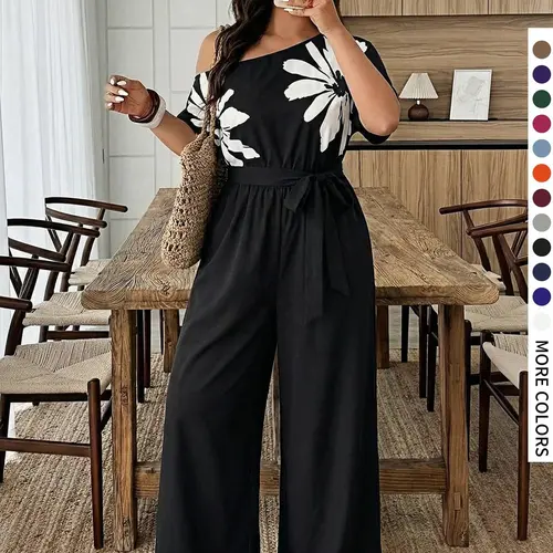 Plus Size Women's Casual Plain Print Short Sleeve Jumpsuit, Asymmetrical Shoulder Pockets and Belt, Comfortable and Stylish, Daily Wear