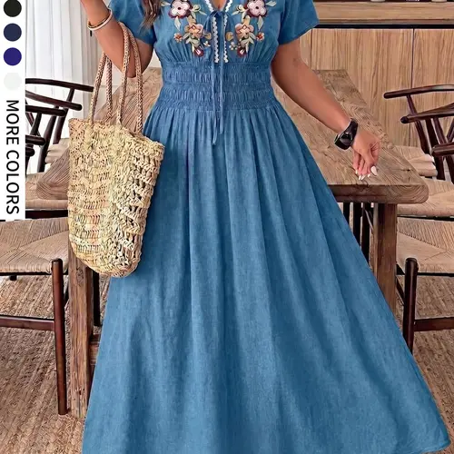 Plus Size Women's Boho Bohemian Chic Short Sleeve V-Neck Tie Embroidered Breathable Elastic Waist A-Line Casual Dress for Summer Parties