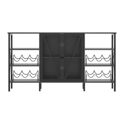 Garvee Rustic Wine Bar Cabinet with Wine Rack and Glass Holder, Adjustable LED Light, Metal Sideboard and Liquor Table Cabinet with Mesh Door, 55.2", Farmhouse Black Coffee Bar for Home
