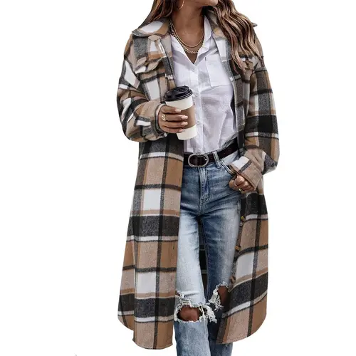 Womens Plaid Shacket Jacket Long Corduroy Shirt Casual Lapel Button Down Flannel Trench CoatsGift