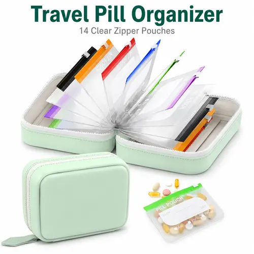 14 Clear Zipper Bags Travel Medicine Organizer, Portable Waterproof Pill Storage Case for Vitamins, Supplements, Daily Pills, Fish Oil & Travel Essentials