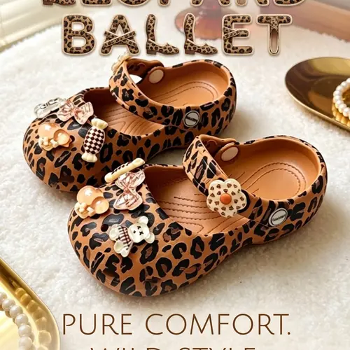 Ballet Slipper Leopard Print, Cute Princess Sandals for Girls, Summer Outdoor Wear, Eva Material, Cartoon Style, Hole Shoes