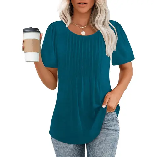 Womens T Shirts Short Sleeve Pleated Dressy Casual Scooped Neck Summer Tops BlousesGift