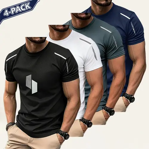 Men's Slim-Fit Graphic Athletic T-Shirts 3-Pack - Polyester Fiber, Moisture-Wicking, Quick-Dry, Machine Washable - for Gym, Running - Athleisure Wear, Sporty Chic, Gym Aesthetic, All Over Print