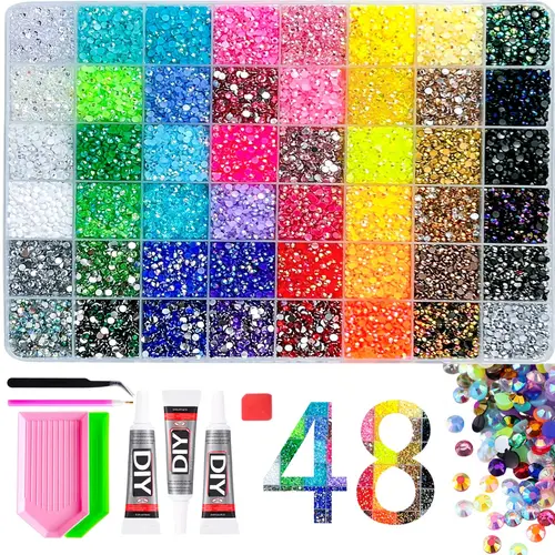 10000+pcs Shimmering Nail Rhinestone Set, Multi-Color Ab Crystal Glitter, DIY Nail Decoration Kit, Nail Art Accessories, 48 Grids Multicolor Rhinestones, with DIY Glue, Tweezers & Pickup Pen, Nail Art & Bedazzling Supplies