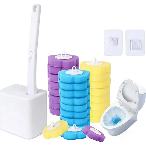 Disposable Toilet Brush Cleaner Set - Upgraded Auto-Open Handle Wand, 24 Refills, Storage Caddy Holder for Sink, Bathtub, Disposible Toilet Brush, Toilet Cleaner