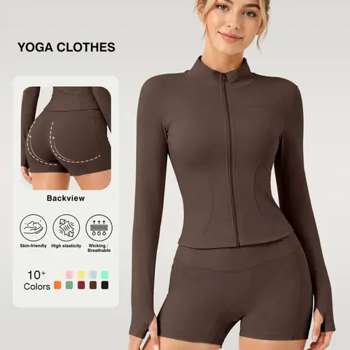 Women's Sporty Clothing Set, Long-Sleeve Jacket and High-Waist Shorts, Quick-Dry Slim-Fitting Solid Color Sports Zipper Suit, Quick Dry Activewear, Sporty Outfit, Available in 10 Colors