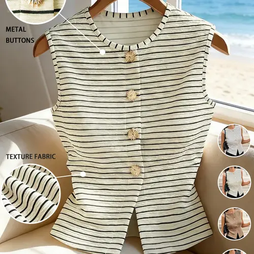 Women's Casual Versatile Texture Striped Button-Up Top, Elegant Fashionable Knit Sleeveless Cardigan Vests With Metal Decor Button, Suitable for Commuting, Date, Party and Casual Wear, Stylish and Practical Clothing for All Seasons